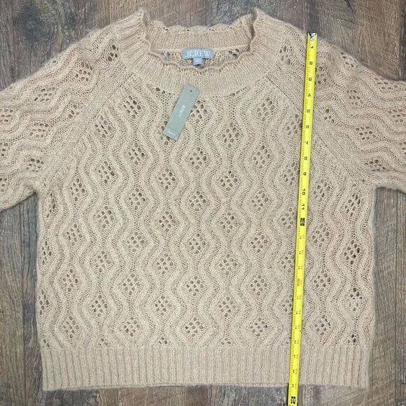 J Crew Women’s Pointelle Scallop Trim Sweater Beige Tan Crochet Eyelet Alpaca XL - Picture 6 of 8